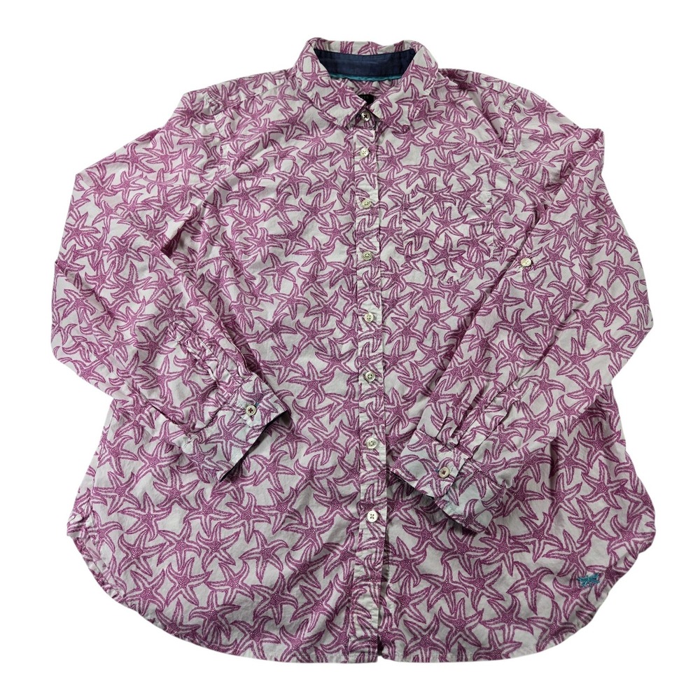 Talbots Petites Womens PL Starfish Print Cotton Button Down Shirt Pink White